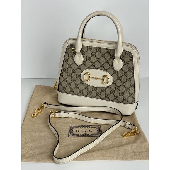 Gucci Horsebit 1955 Top Handle Bag in GG Canvas with White Leather Trim D-9 - Picture 14 of 16